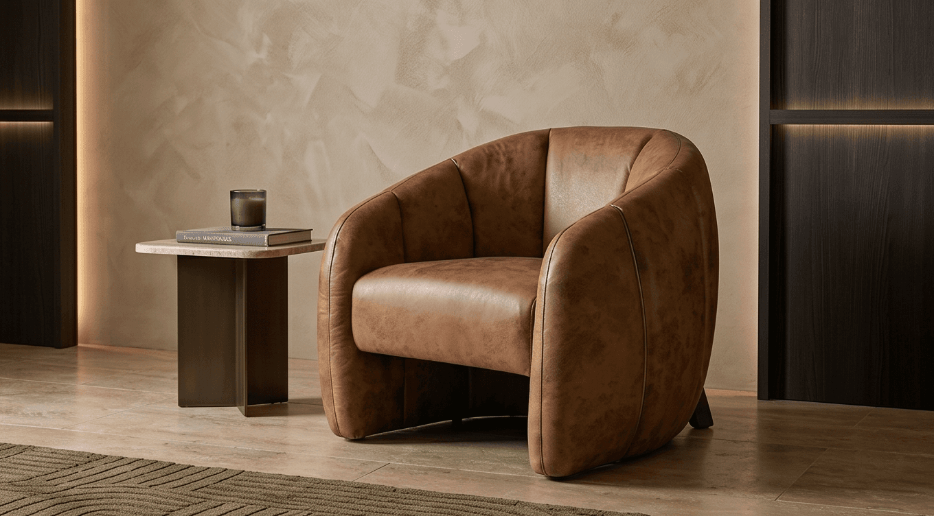 Curved Leather Armchair Luxury Lounge Angle 1