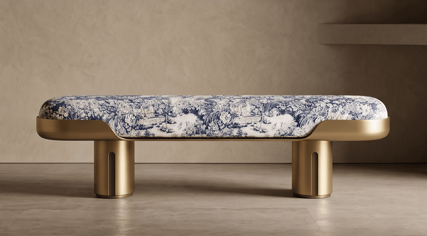 Gold Tone Upholstered Bench Angle 1