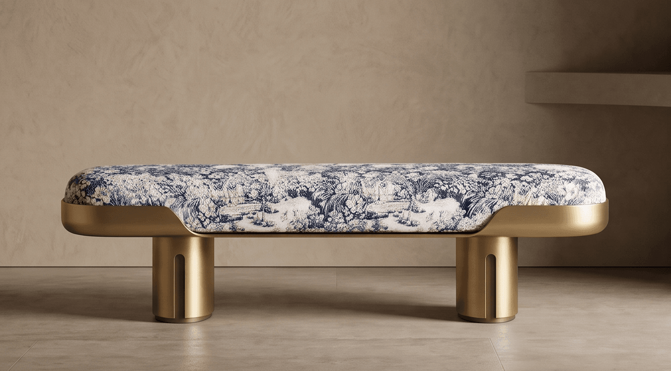 Gold Tone Upholstered Bench Angle 3