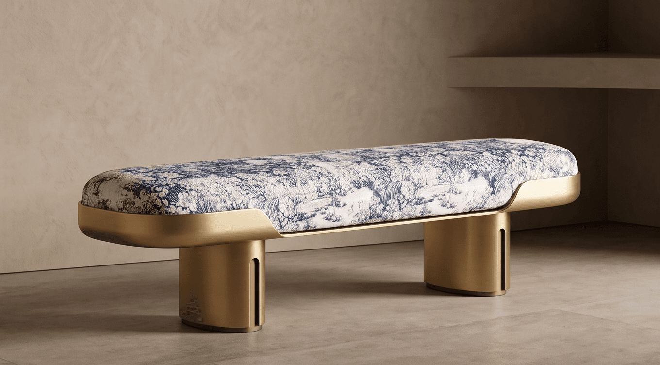 Gold Tone Upholstered Bench Angle 2