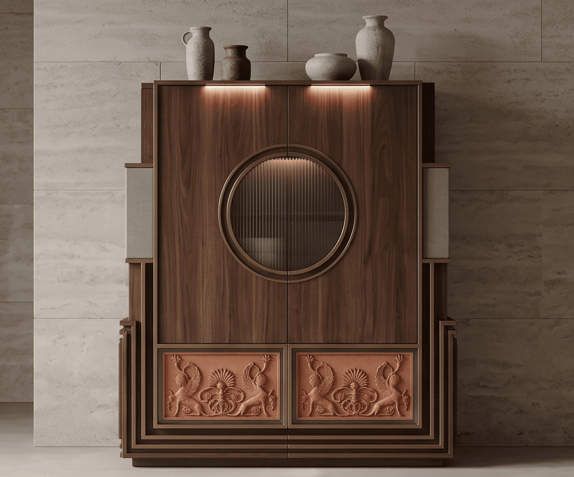 Wood Leather Orange Embossed Storage Cabinet