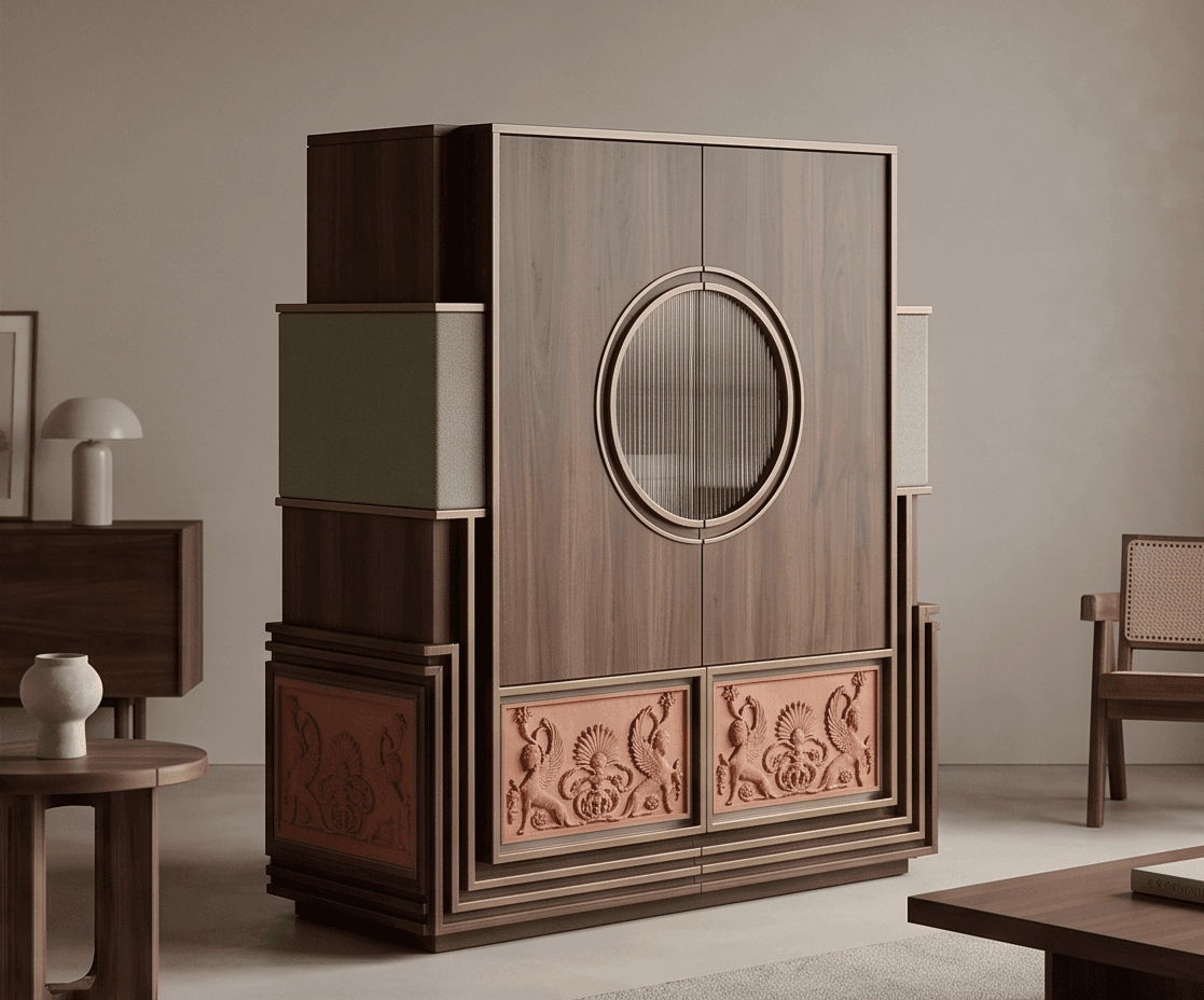Wood Leather Orange Embossed Storage Cabinet Angle 3