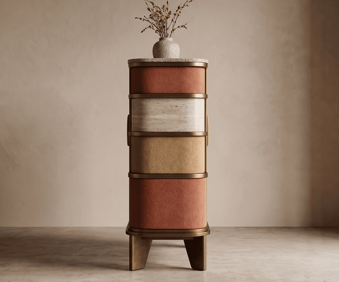 Multicolor Upholstered Storage Cabinet Brass angle 2