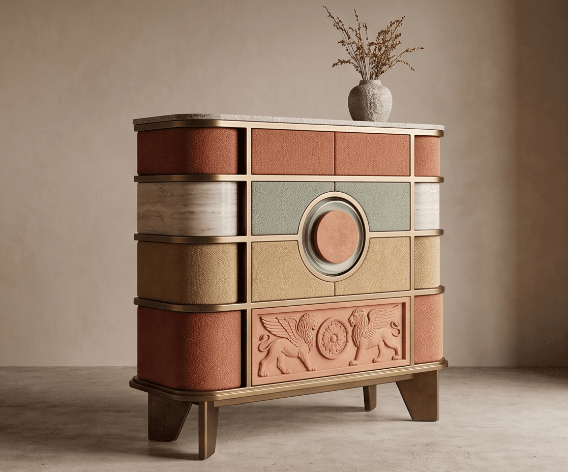 Multicolor Upholstered Storage Cabinet Brass Angle 3