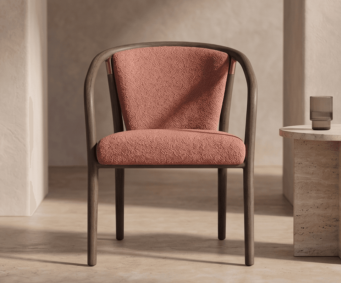 Textured Pink Upholstered Chair Wood Angle 1