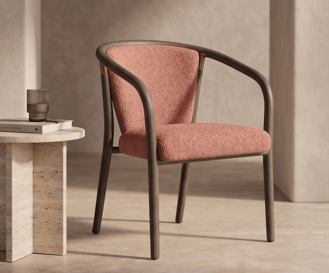 Textured Pink Upholstered Chair Wood Angle 3