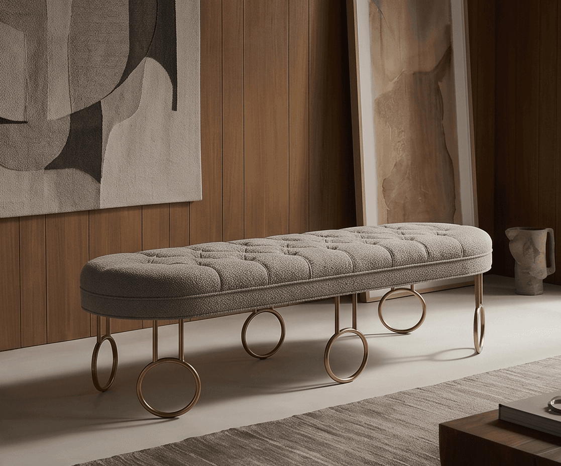 Tufted Fabric Pouffe Gold Angle 3