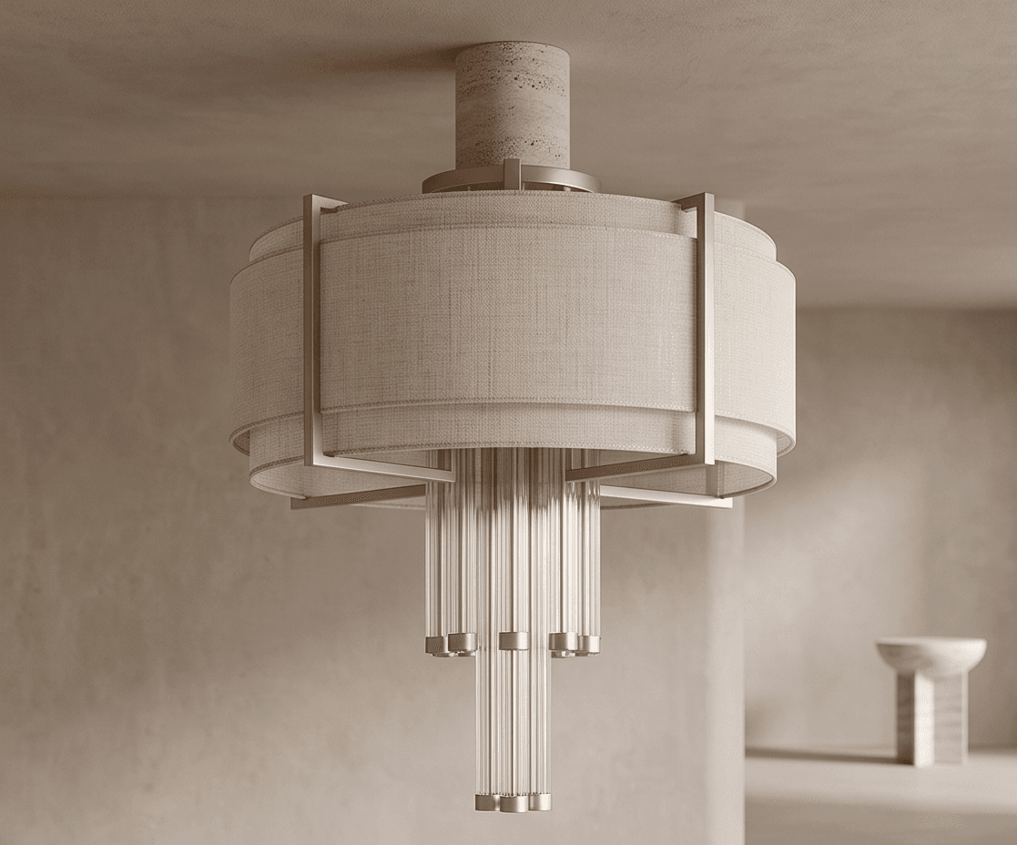 Fabric Shaded Pendant Light Gold Angle 2