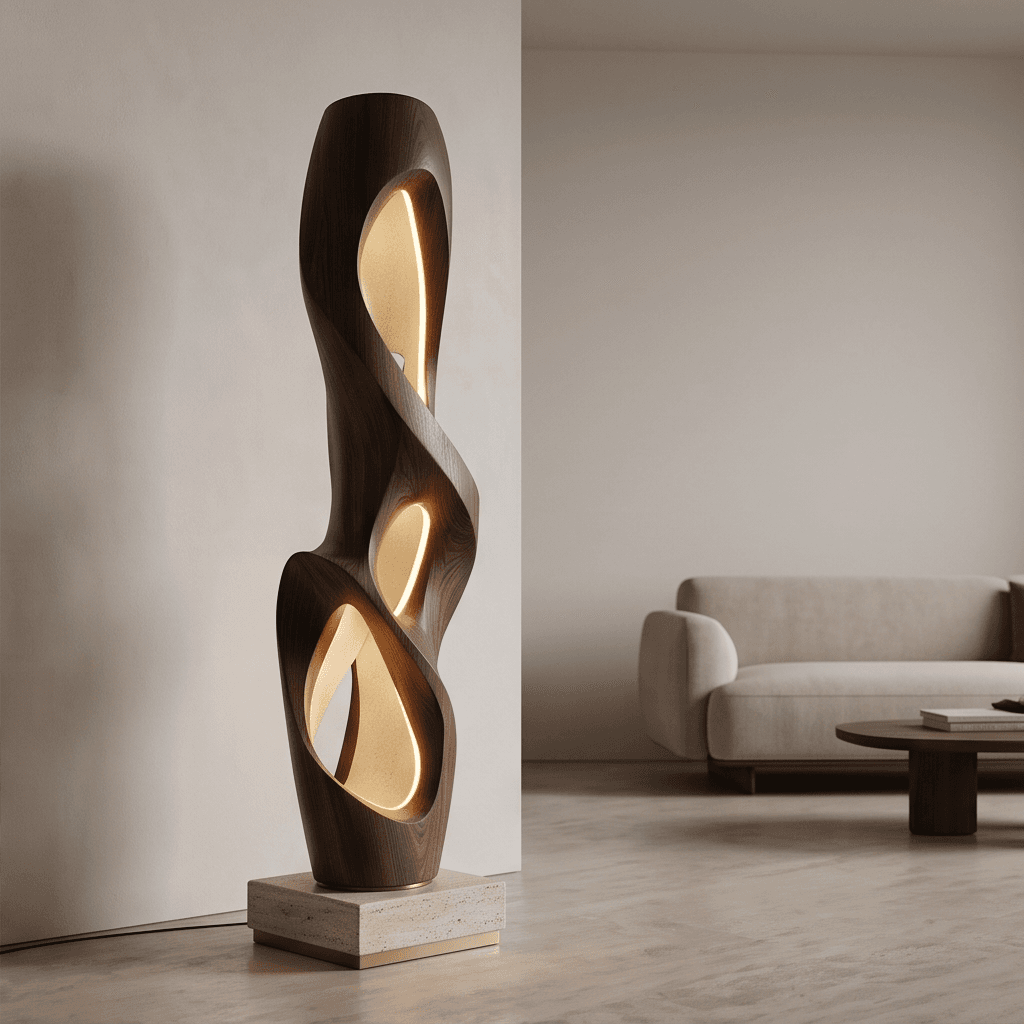 Wooden Sculptural Floor Lamp Angle 1