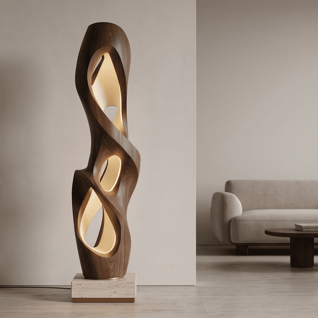 Wooden Sculptural Floor Lamp Angle 2