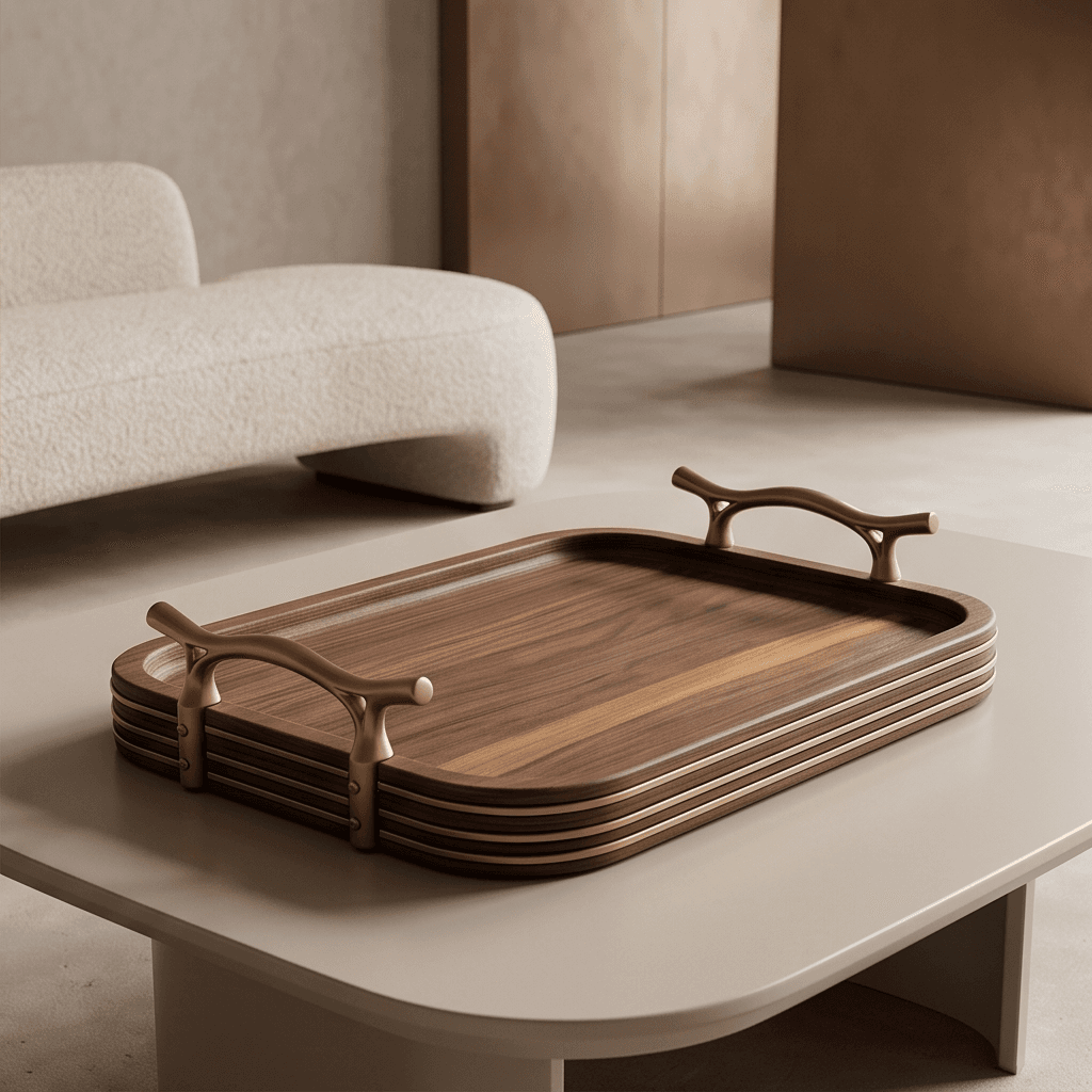 Wooden Bronze Serving Tray Angle 1