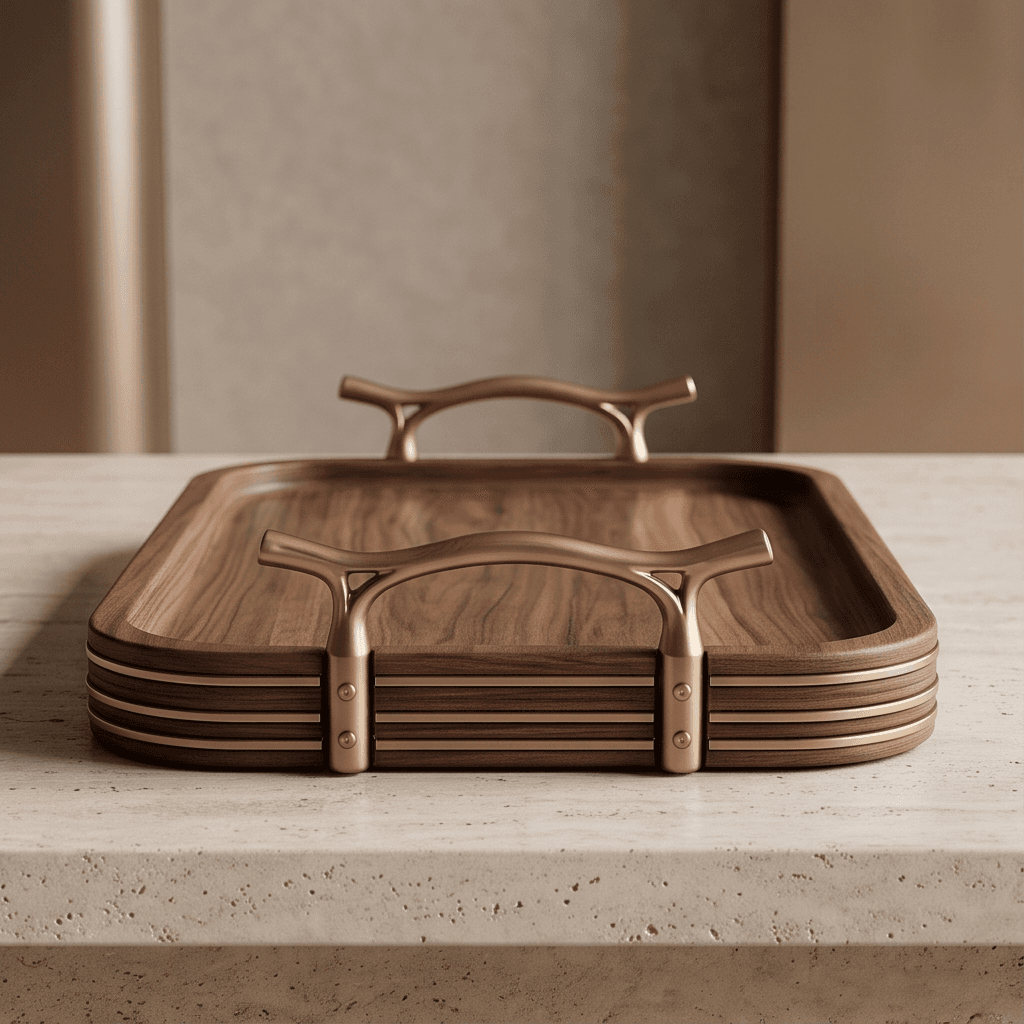 Wooden Bronze Serving Tray Angle 2