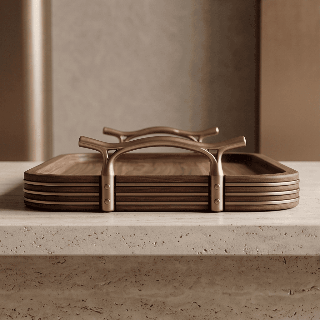 Wooden Bronze Serving Tray Angle 3