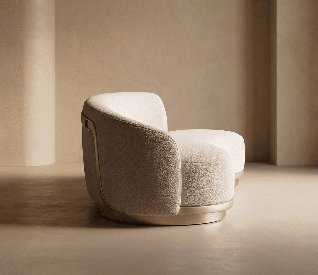 Beige Boucle Upholstered Curved Sofa Angle 3