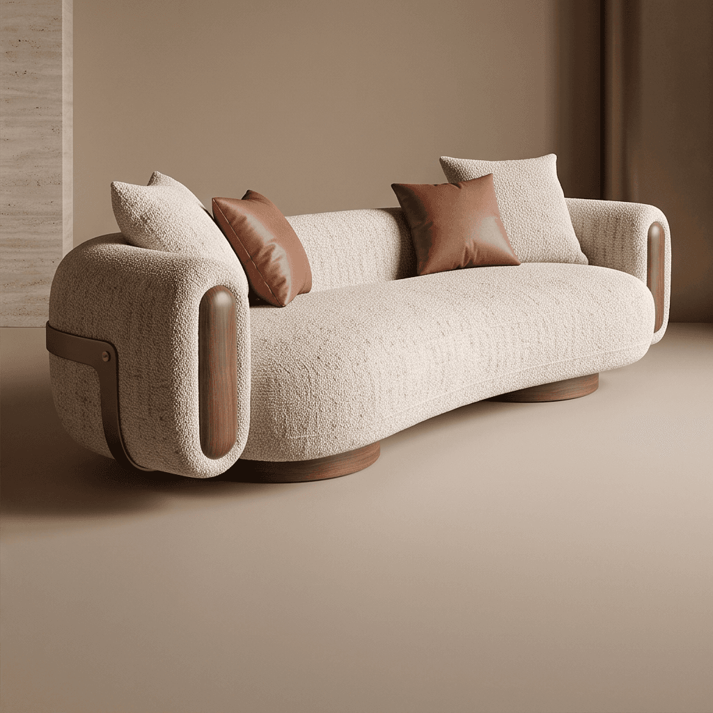 Beige Boucle Upholstered Curved Sofa 2