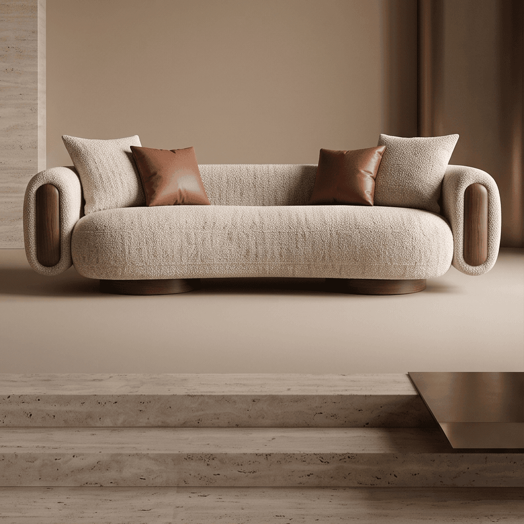 Beige Boucle Upholstered Curved Sofa 2 angle 2