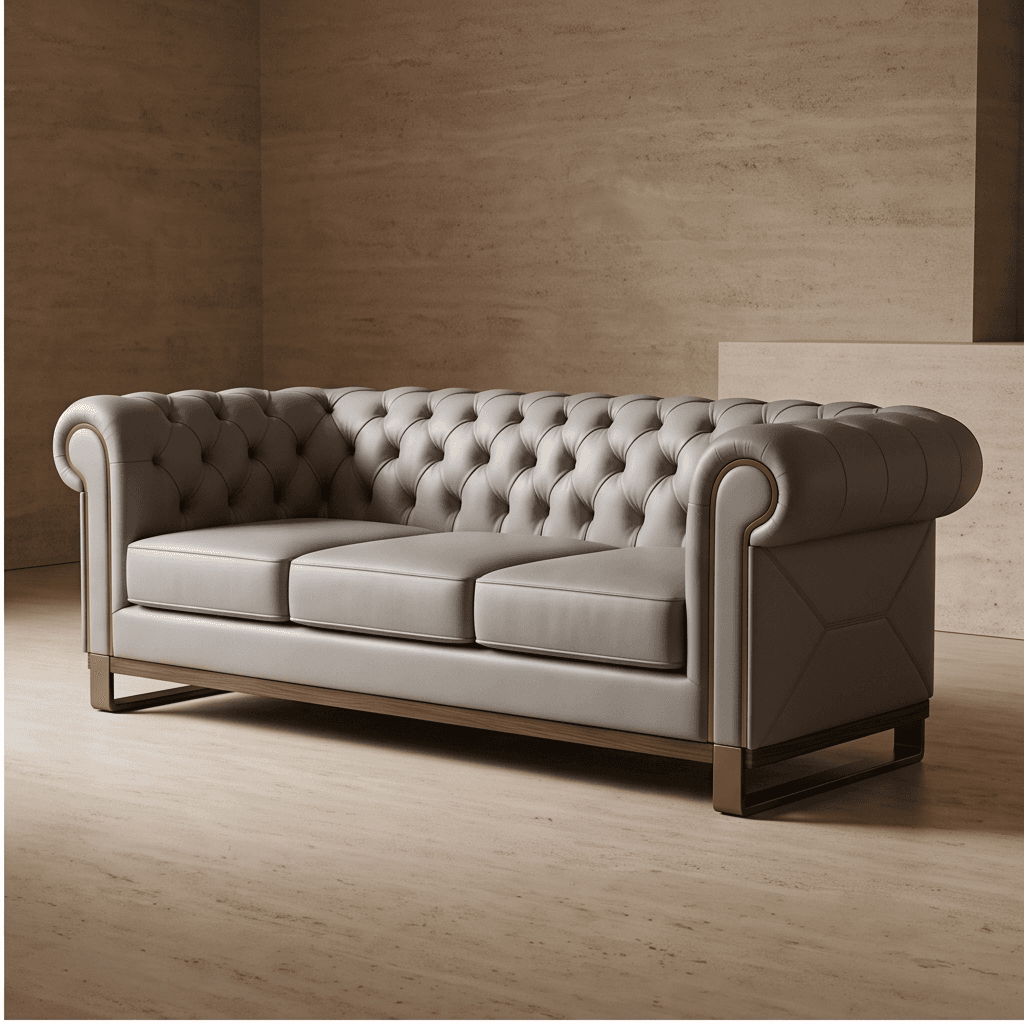 Beige Leather Chesterfield Sofa Angle 1