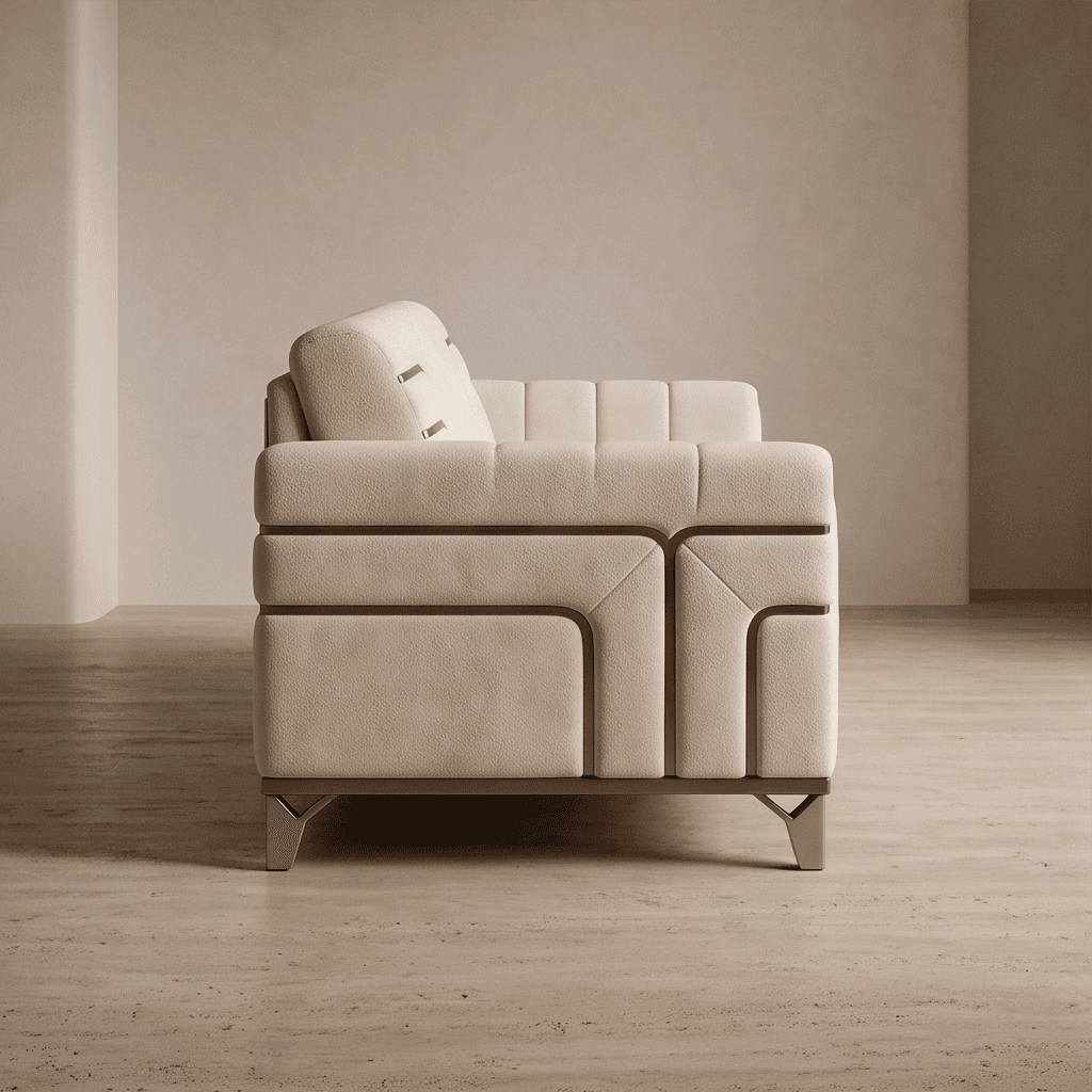 Beige Upholstered Three Seater Sofa Angle 3