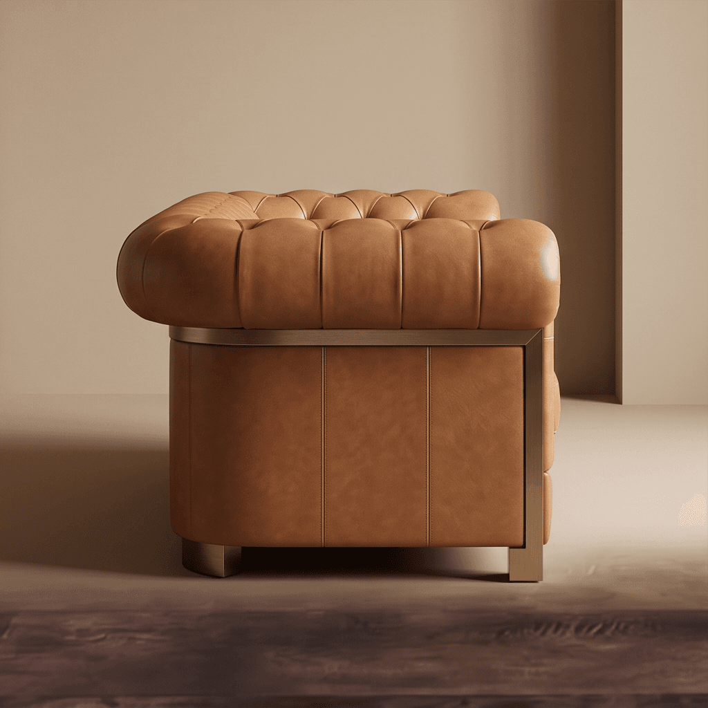 Brown Leather Tufted Sofa Angle 3