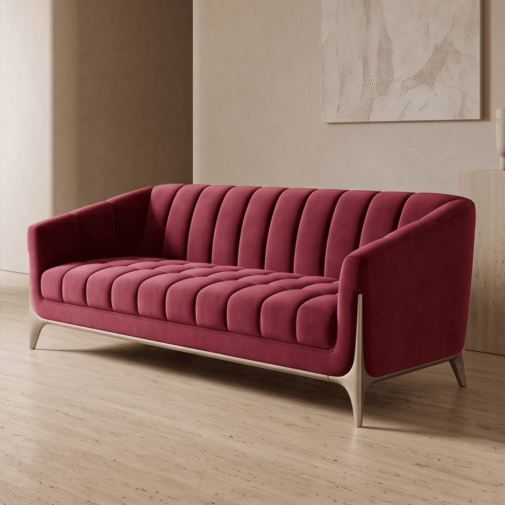 Red Velvet Three Seater Sofa Angle 1