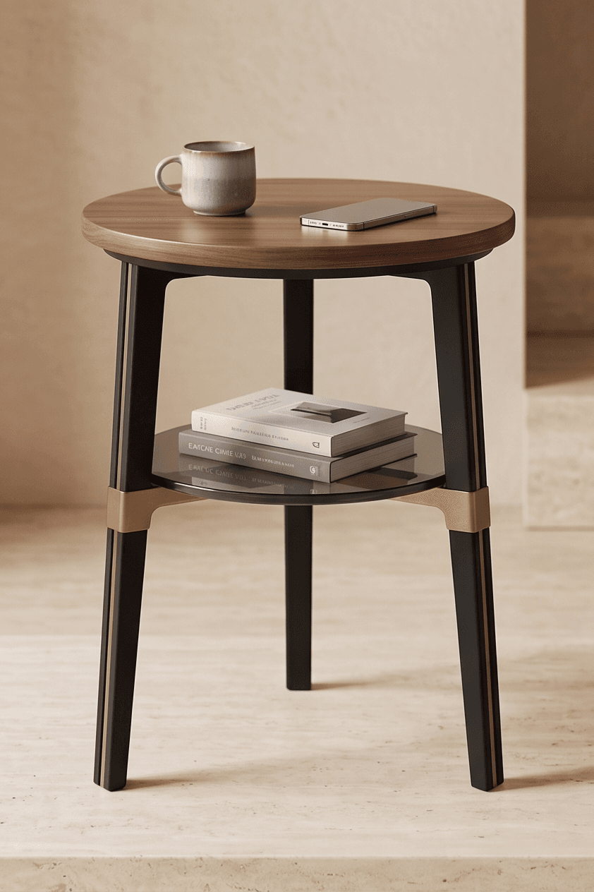 Wooden Round End Table Black Metal angle 2
