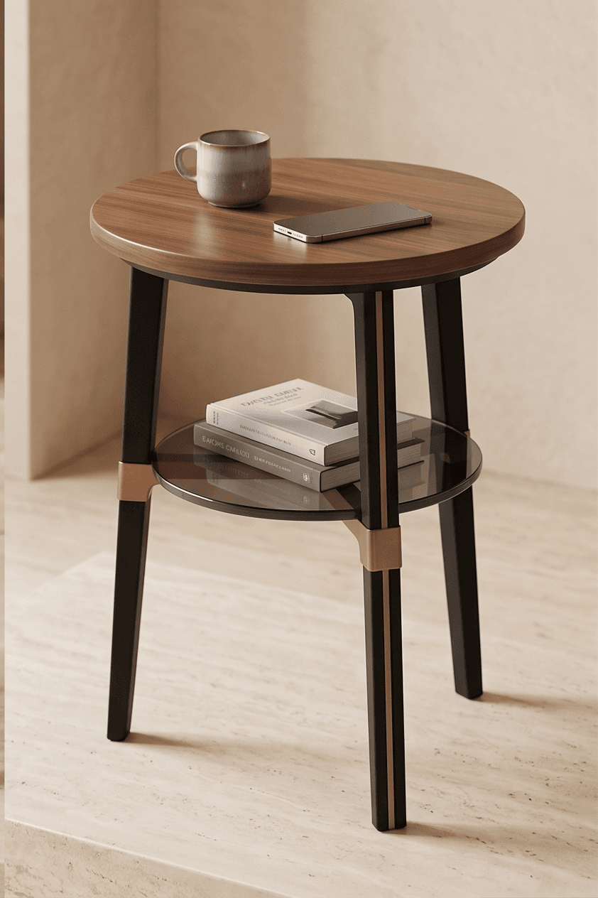 Wooden Round End Table Black Metal