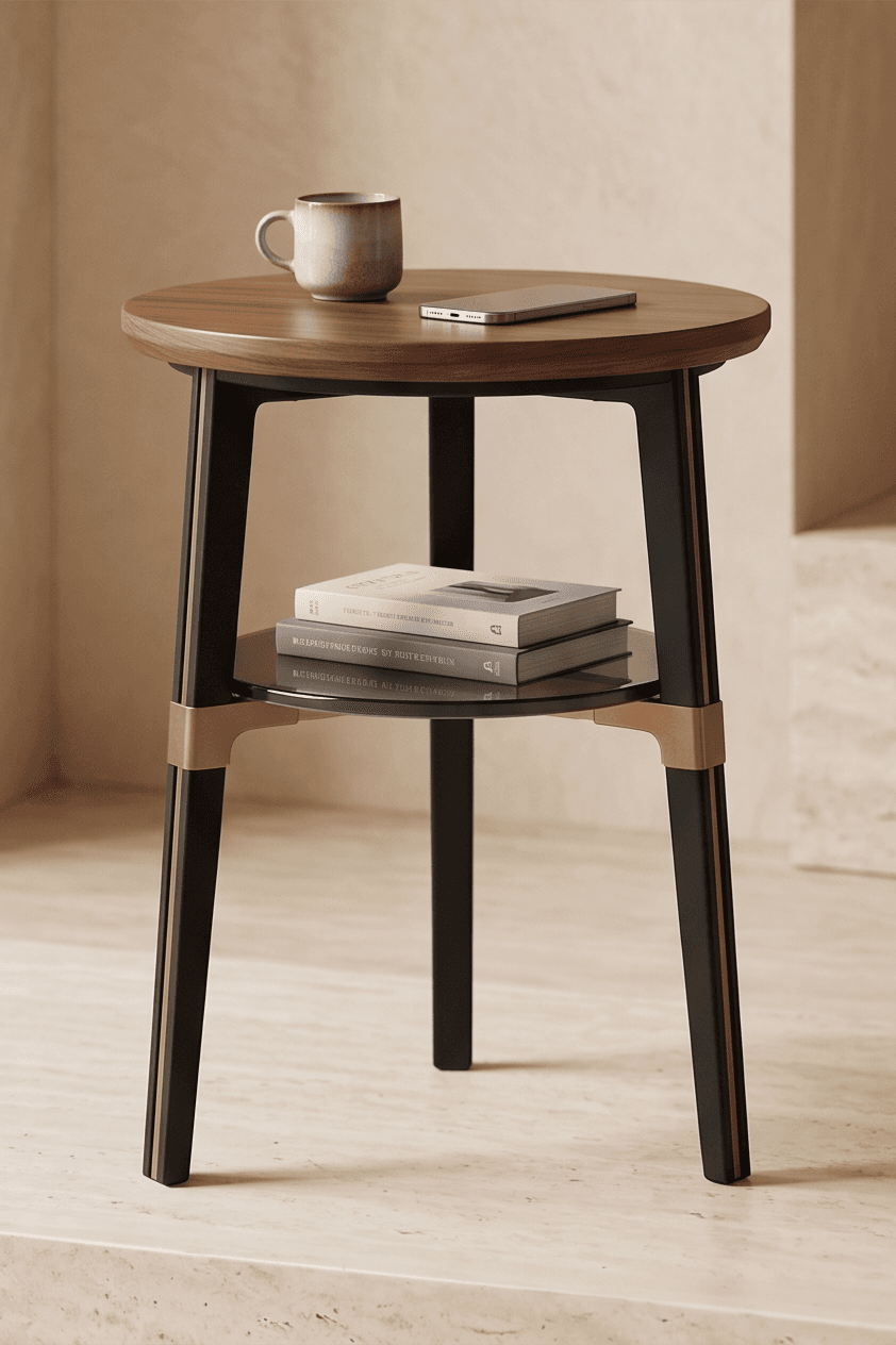 Wooden Round End Table Black Metal Angle 3